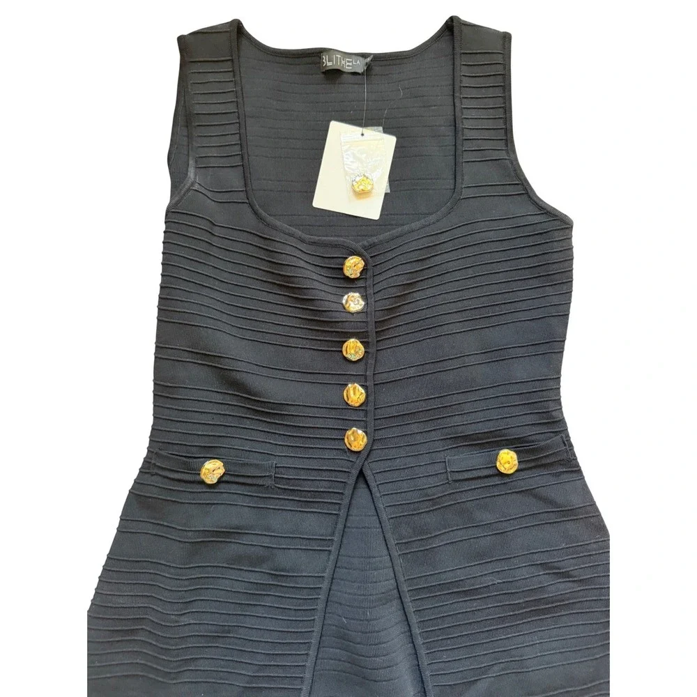 Blithe LA Black Knit Vest and Pleated Maxi Skirt 2 Piece Set Gold Buttons Large